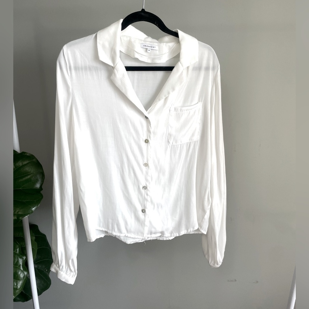 Crescent White Balloon Sleeve Button Up Blouse Size M